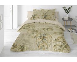 Luxe Linnen Beddengoed Set 160x200cm - Beige/Olijfgroen Bladmotief