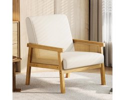 Luxe Linnen Fauteuil met Rotan Armleuningen - Houten Frame & Hoge Rugleuning - Bohemian Leesstoel - Beige