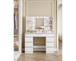 Luxe Make-up & Beauty Kaptafel met LED Spiegel 140 cm Hoog, 108 cm Breed en 40 cm Diep – 10 Verstelbare LED-Lampen, 3 Lichtkleuren, 9 Laden & 9 Open Planken – Moderne Stijl Wit-Zilver – Novihome