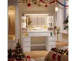 Luxe Make-up Kaptafel met Grote Spiegel, 8 Lades, Open Vakken en Föhnhouder 135 x 40 x 145,2 cm Wit/Zilver