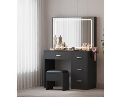 Luxe Make-up & Kaptafel met Spiegel, LED-Verlichting en 4 Laden – 90x40x136 cm – Cosmetica- en Vanity-tafel met Stopcontacten en Haardrogerhouder – Novihome