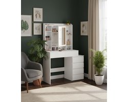 Luxe Make-up Tafel & Kaptafel met 3-delige Spiegel, Haardrogerhouder en Kruk – 3 Lades – Industrieel Design Beauty Station – Zwart, Greige & Bruin – Industrialhome