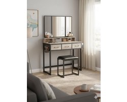 Luxe Make-up Tafel & Kaptafel met 3-delige Spiegel, Haardrogerhouder en Kruk – 3 Lades – Industrieel Design Beauty Station – Zwart, Greige & Bruin – Industrialhome