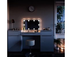 Luxe Make-Up Tafel Livia – 190 cm, Wit Hoogglans met LED-Verlichting, Spiegel en Comfortabele Kruk – Moderne Kaptafel met 3 Lade-opslag, Ideaal voor Slaapkamer en Dressing IndustrialHome