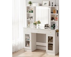 Luxe Make-up Tafel met LED Spiegel, Glazen Blad & 3 Lade-opslag, Moderne Kaptafel met Stopcontact, Dimbare LED Verlichting in 3 Kleuren, Riffelstructuur & Kristalgrepen – Stijlvolle Cosmetica Organizer voor Slaapkamer & Ankleedkamer Depauwwonen