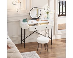 Luxe Make-up Tafel met Marmeren Blad - Kaptafel inclusief Krukje & LED Spiegel - 3 Lichtstanden - Modern Kosmetisch Bureau met Fleece Afwerking - Zwart/Wit