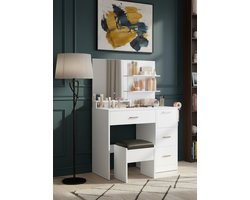 Luxe Make-up Tafel met Spiegel Industrialhome – Moderne Kaptafel met Lade & Legplanken – Houten Make-up Meubel voor Slaapkamer – Stijlvol, Duurzaam & Ruim – 80x40x132 cm – Wit