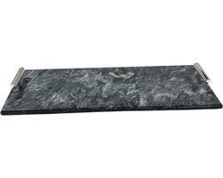 Luxe Marmeren Dienblad Zwart 40x14 cm met Zilveren Handvatten - 100% Natuurlijk Marmer, Elegant Dienblad voor Serveren en Decoratie