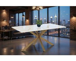 Luxe marmeren eettafel 160x90 cm met gouden spinnenwebmotief voor 8 personen - Alaska Wit | Casa Serena