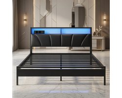 Luxe Metalen Bed 180x200 cm met LED Verlichting, Oplaadstation, Hoofdbord met Opbergruimte en Stevige Lattenbodem – Modern Tweepersoonsbed met Kunstleren Hoofdbord – Zwart medahomestore