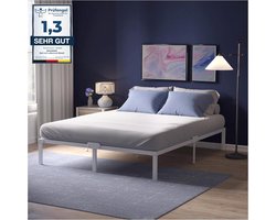 Luxe Metalen Boxspring Bedframe met Opbergruimte 140x200 cm – Stevig Wit Stalen Bedframe met Houten Accenten, 41 cm Hoogte, Eenvoudige Montage, Modern Design en Extra Onderbed Opslagruimte