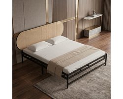 Luxe Metalen Tweepersoonsbed met Rotan Hoofdeinde 180x200 cm – Stabiel Stalen Bedframe met Lattenbodem, Modern Design, Krasbestendig, Max. 300 kg – Novihomestore