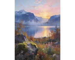 Luxe Metalen Wanddecoratie 30x40cm - Bergmeer - Zonsondergang - Landschap - Metalen Poster 40x30cm