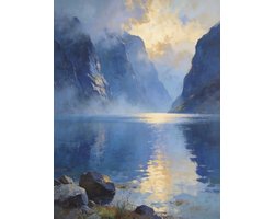 Luxe Metalen Wanddecoratie 30x40cm - Noorse fjord - Bergen - Meer - Zonlicht - Metalen Poster 40x30cm