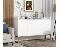 Luxe Modern Dressoir – Witte Opbergkast met 4 Deuren & Gouden Frame – 120x30x80 cm – Minimalistisch Sideboard met Verstelbare Plank – Perfect voor Woonkamer, Eetkamer & Keuken – Stijlvol Design, Stevig & Elegant