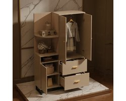Luxe Modern Garderobekast Beige | Compacte 2-Deurs Kleerkast met 2 Lades, Open Opbergvakken & Schoenenopslag | 110x38x186 cm | Gangkast, Hal Kast, Slaapkamer Kast | Soft-Close & Anti-Kantel Veiligheid - House & Garden