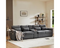 Luxe Moderne 4-Zits Linnen Bank voor Woonkamer – Donkergrijs/Beige – Comfortabele Fauteuil met Bekerhouders, 2 USB-Oplaadpoorten, Opbergvakken en 4 Kussens – Extra Diepe Zit, Stijlvol en Duurzaam UrbanHome
