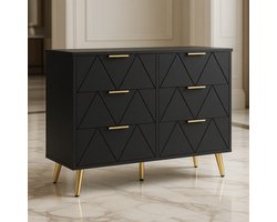 Luxe Moderne 6-Laden Dressoir Zwart – Design Ladekast Slaapkamer & Woonkamer – 100 cm Brede Commode met Gouden Accenten – Houten Opbergkast voor Slaapkamer, Hal & KantoorMobili Bella