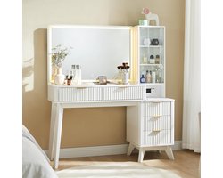 Luxe Moderne LED Kaptafel met Spiegel, Glazen Blad, 5 Lades & 9-Vaks Organizer – 122 x 40 x 136 cm – Wit Geribbelde Design Make-up Tafel met Stopcontact en Verlichting