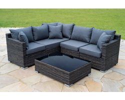 Luxe Modulaire 6-Delige Loungeset Tuinset - Zwart Polyrattan Hoekbank met Opbergbox, Glazen Salontafel, Waterdichte Kussens en Regenhoes - 200x200 cm Moderne Outdoor Lounge Set,Industrohome