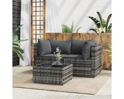 Luxe Modulaire Balkon Loungeset 3-Delig met Hoekbanken en Tafel – Weerbestendig Polyrattan Tuinmeubel met Grijze Kussens – Compact & Modern Design voor Balkon en Tuin