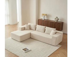Luxe Modulaire Cloud Slaap Hoekbank met Slaapfunctie 263 x 173 x 60 cm – 3-Zits L-vorm Sofa met Poef, Geperst Schuim, Bouclé Beige, Chaise Longue Rechts