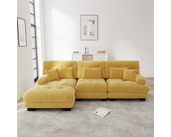 Luxe modulaire hoekbank - L-vormige bank - slaapbank - met hocker - met lendenkussen en sierkussen - geel