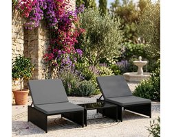 Luxe Modulaire Rattan Ligbed Tuinset met Glazen Tafel, Verstelbare Rugleuningen, Waterafstotende Kussens en Stalen Frame