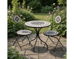 Luxe Mozaïek Bistroset 3-delig – IJzeren Balkonset met Ronde Tuintafel Ø60 cm en 2 Stoelen – Duurzame Outdoor Tuinset in Modern Design Grijs/Zilver – Weerbestendige Terrasset,IndustroHome