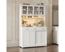Luxe Multifunctionele Keukenkast met Werkblad – 100 cm Dressoir met Schuifdeuren, 3 Laden, LED Verlichting, Stopcontacten & USB – Keuken- en Koffiebar Opbergkast 40x100x185 cm WitNovihomestore