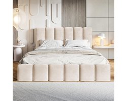 Luxe Nunu Bubble Opbergbed 180x200 cm met Hoofdbord, Fluweel & Hydraulische Opbergruimte – Crème Beige