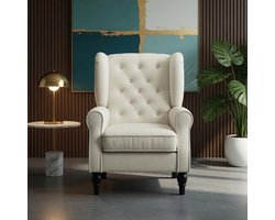 Luxe Oorfauteuil Relaxstoel Crèmekleurig – Ergonomische Fauteuil met Houten Poten, Afneembare Hoes & Knopen – Design Accentstoel Woonkamer 74x86x102 cm – Ganeey