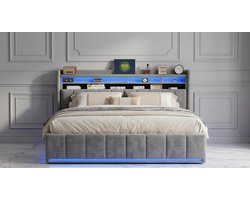Luxe Opberg Boxspring Bed 140x200 cm met LED Verlichting, Hydraulisch Opbergsysteem, Velvet Gestoffeerd Design, Met Hoofdbord met Opbergruimte & Metalen Frame – Mobili Bella