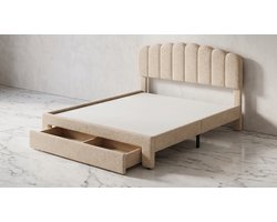 Luxe Opberg Boxspring Bed 140x200 cm met USB & USB-C Oplaadfunctie – Teddy Stof Beige – Bed met Lade, Verstelbaar Hoofdbord & Lattenbodem – Mobili Bella