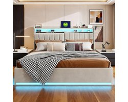 Luxe Opbergbed 140x200 cm met LED Verlichting, Hydraulisch Liftmechanisme, Fluwelen Bekleding en Multifunctioneel Hoofdbord – Modern Tweepersoons Bedframe met Grote Opbergruimte – Grijs | Mobili Bella