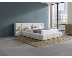 Luxe Opbergbed 180x200 met Hoofdbord en Geïntegreerde Nachtkastjes – Teddy Bouclé Design Bed met Lattenbodem – Beige Tweepersoons Bed met Opbergruimte – VILARO – NoviHome