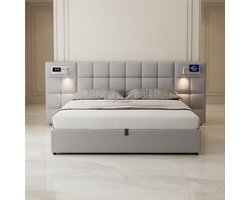 Luxe Opbergbed 180x200 met Hydraulische Bedlift en Groot Gestoffeerd Hoofdbord – Linen Grijs – Inclusief Lattenbodem – Modern Tweepersoons Bed met Opbergruimte – Mobili Bella Merk: Mobili Bella