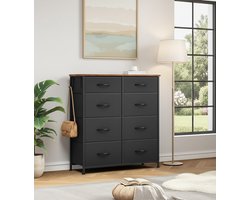 Luxe Opbergkast met 8 Stoffen Lades – Industriële Ladekast met Houten Bovenblad, Metalen Frame, Zijvakken & Haken – Dressoir voor Slaapkamer, Woonkamer & Hal – Zwart Medahomestore