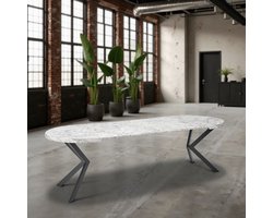 Luxe Ovale Uitschuifbare Eettafel – Marmerlook Wit – 100-250 cm – Design Eettafel voor 8 Personen ganeey