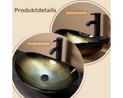 Luxe Ovale Waskom in Zwart & Goud met hoge zwarte kraan en afvoerplug 53x35 x 15 cm hoog Kraan 30 cm hoog