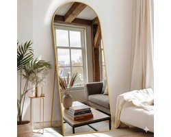 Luxe Passpiegel 160x60 cm – Grote Boogspiegel Staand & Wand – Moderne Toogspiegel – Minimalistische Design Spiegel met Metalen Rand – Goud