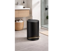 Luxe Pedaalemmer Ring 3L Zwart – Badkamer Afvalemmer met Gouden Accent – 25 x 18,3 x 21,5 cm