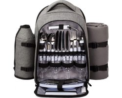Luxe Picknick Avontuur Rugzak voor 4 met Waterdicht Design, Bestek, Koelvak, Fles- en Wijnhouder, Zachte Fleece Deken en Servies - Inclusief Platen (Grijs)