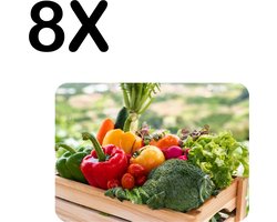 Luxe Placemat - Groente in een Houten Kistje - Set van 8 Placemats - 40x30 cm - 2 mm dik Vinyl - Anti Slip - Afneembaar
