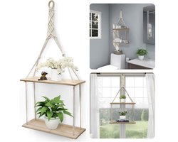 Luxe Plantenhanger - Wanddecoratie - Wandhanger - 2 Plateaus - MDF - 30x10x66cm - 550g - Lichte Houtskleur & Wit Touw - Inclusief EBOOK