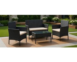 Luxe Poly Rattan Balkon & Tuin Loungeset – 2-Zits Outdoor Patio Meubelen met Kussens en Glazen Tafel – Modern, Weerbestendig & Comfortabel – Zwart TaupeMedahomestore