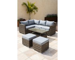 Luxe Polyrattan Hoekbank Loungeset met Tafel – 5-delige Tuinmeubelset met Glazen Tafelblad & Weerbestendige Kussens – Grote Outdoor Corner Sofa Tuinset – Bruin - IndustroHome