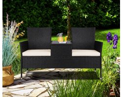 Luxe Polyrattan Tuinbank 2-zits met Opbergfunctie en Inklapbare Tafel – Weerbestendige Loveseat met Kussens – 143x64x88 cm – Zwart Industrohome