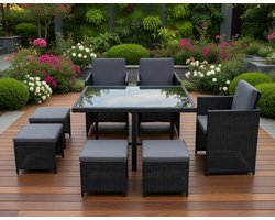 Luxe Polyrattan Tuinset 8-Persoons – Moderne Rattan Tuinmeubelen met Glazen Tafel, Comfortabele Stoelen en Opbergkrukken – Buiten Eet- en Lounge Set Zwart/WitMedahomestore