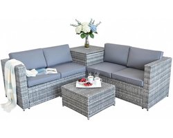 Luxe Polyrotan Hoek Loungeset 185x185 cm met Kussenopbergbox – Weerbestendige Tuin Lounge Bank Set met Tafel – Grey Modern Design